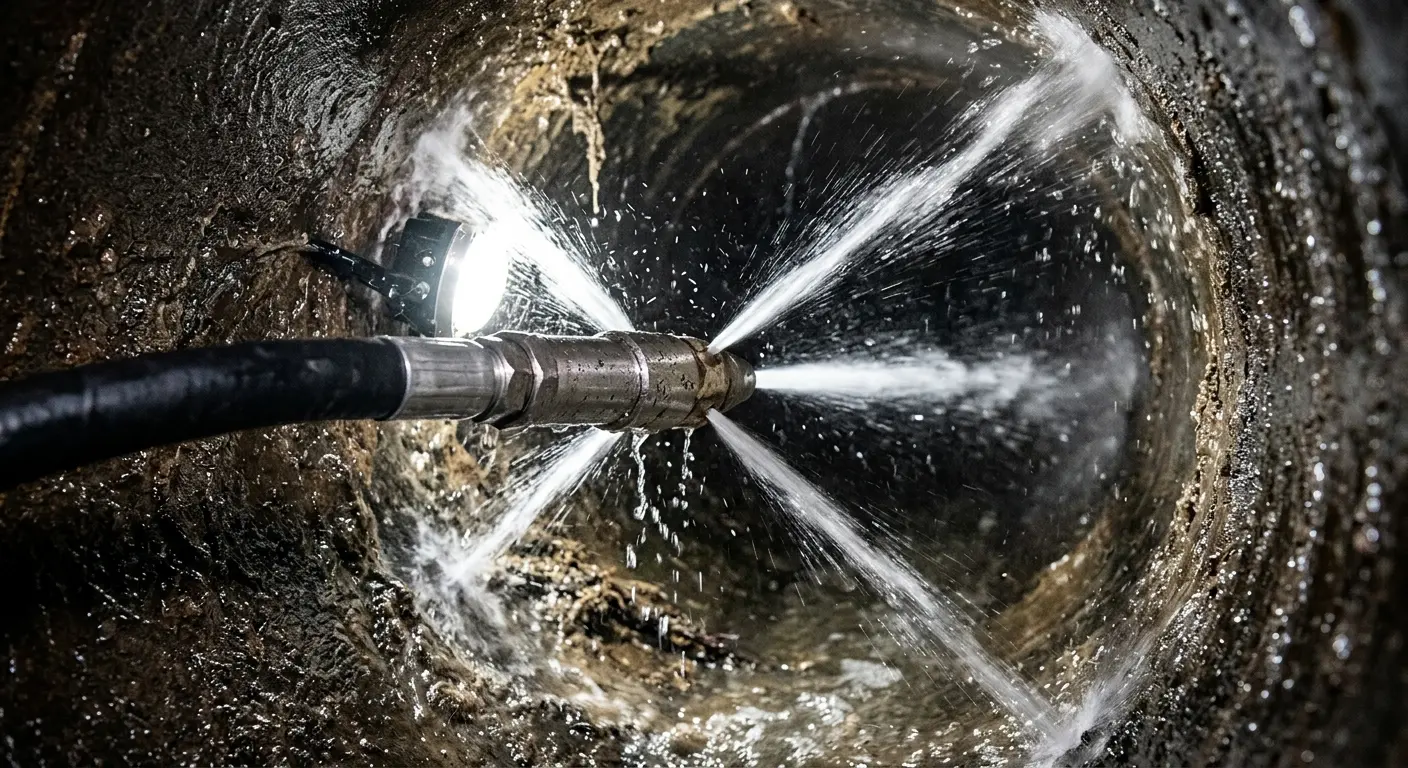 High-pressure hydro jetting nozzle cleaning sewer pipe for Sewer Cleanout in Inverness